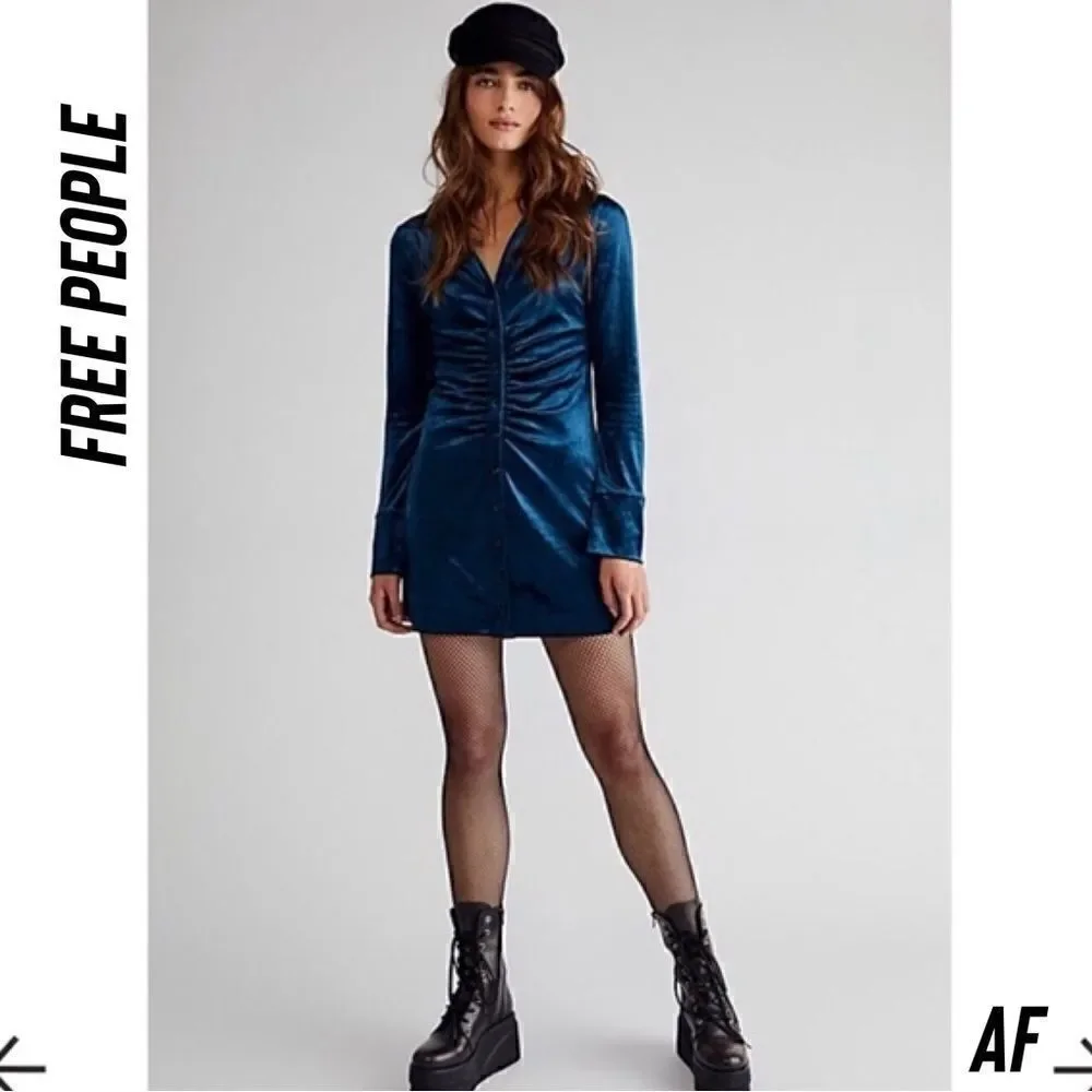 FREE PEOPLE SHAYLA VELVET MINI DRESS IN NAVY NEW XS